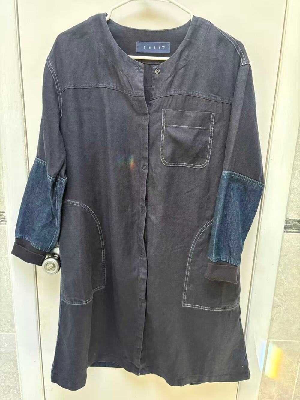 Women Denim Shirt Dress Dark Wash Blue Patchwork Sleeve Shift Pocket Size Large